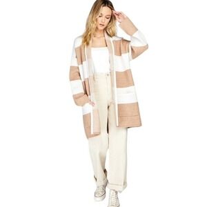 Gentle Fawn Mallory‎ Open Front Long Cardigan Sweater Sz Large Stripe Beige Cozy
